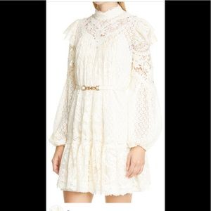 Authentic Zimmermann Concert long sleeve cream textured lace Mini dress belt 12
